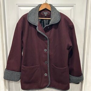 Stephanie Mathews Designer Petite Womens Wool WinterCoat, Purple With Gray Trim.